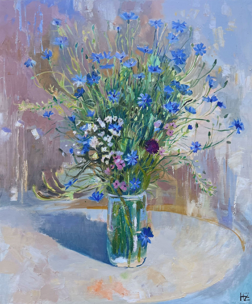 Hanna Zakharchenko - “A bouquet of cornflowers”, Canvas|oil, 32x27, 2023