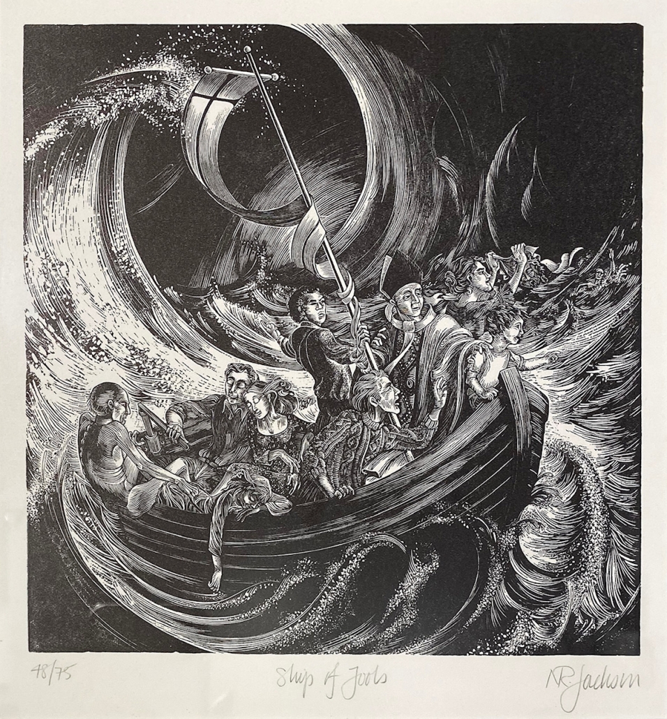Nancy Ruth Jackson - Ship of Fools, engraving - 7.8 x 7.8, �225 - framed