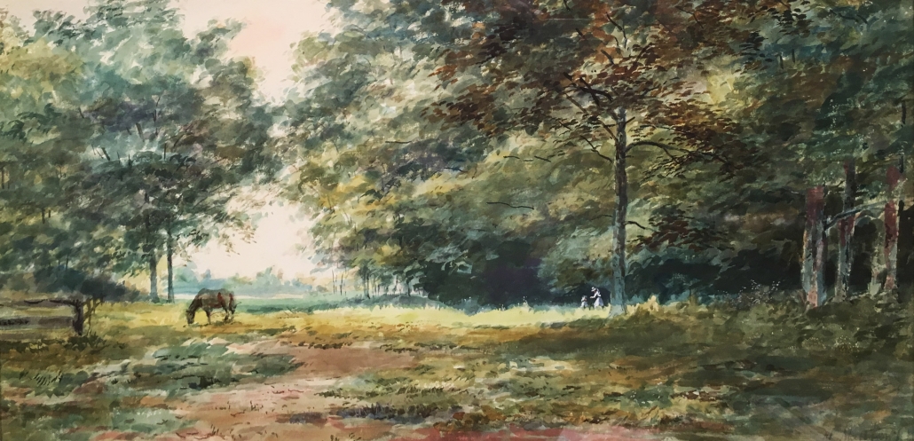 Marmaduke Matthews - Along the Edge of a Sunlit Meadow, watercolour - 13 x 26, $2,650